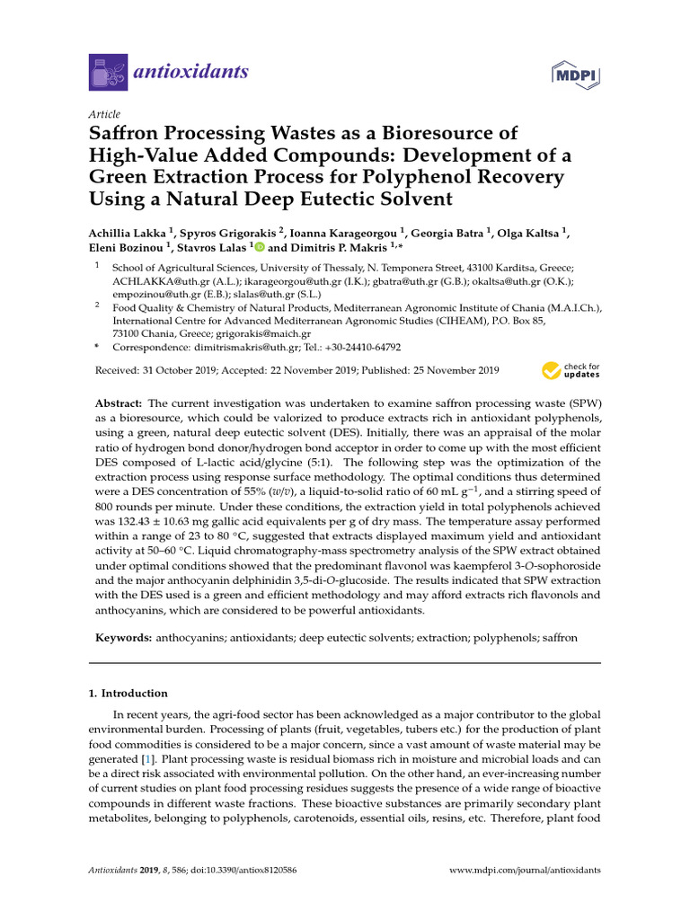 Lakka (2019) Saffron Wastes Development of A Green Extraction Process ...