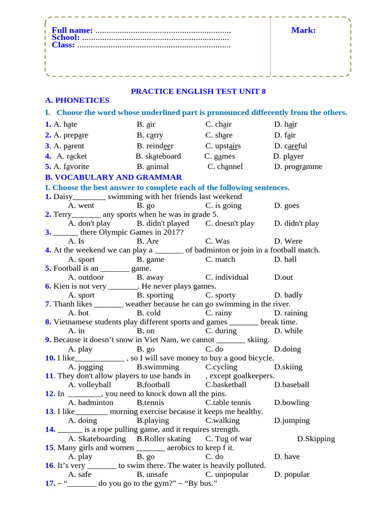 PRACTICE TEST-Unit 8 | PDF | Sports