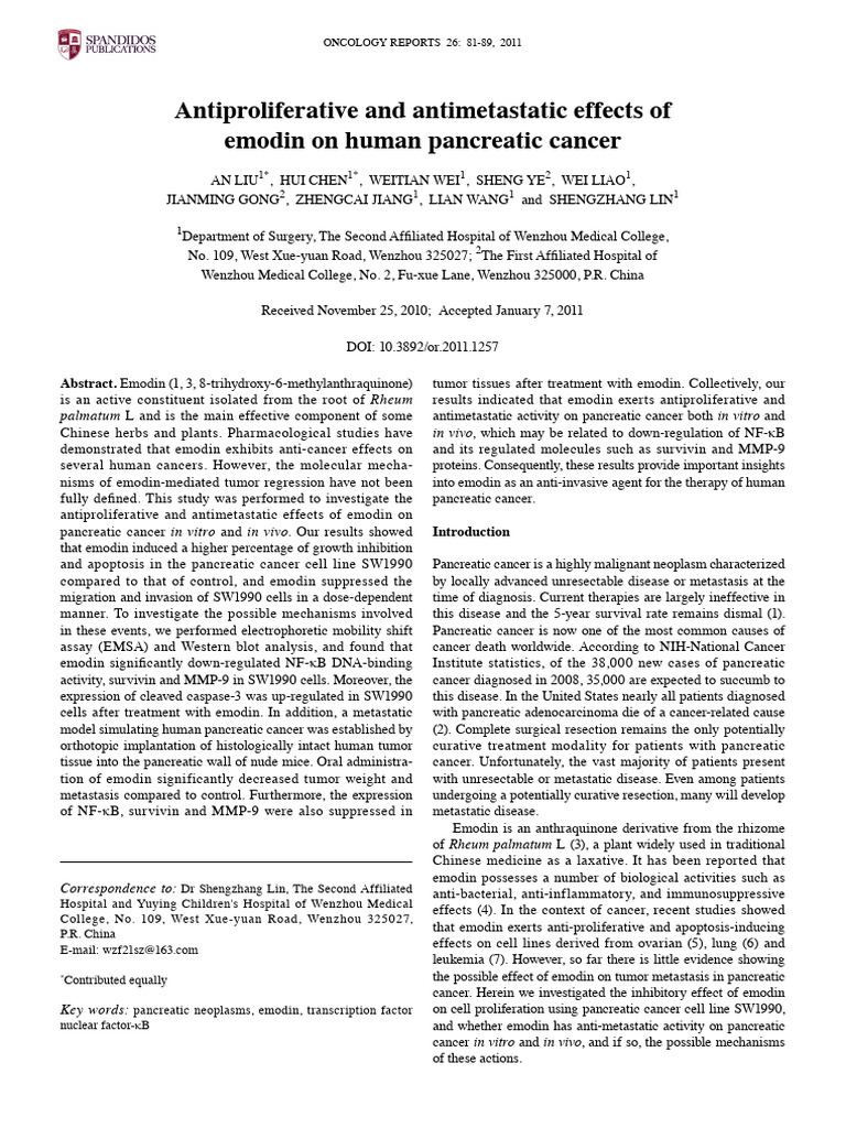 Antiproliferative and Antimetastatic Effects of Emodin On Human ...