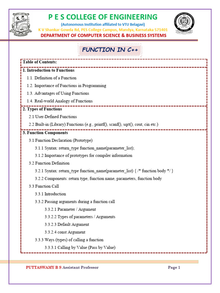 C++ Function Notes Final 25-09-2025 PART-A - Student | PDF