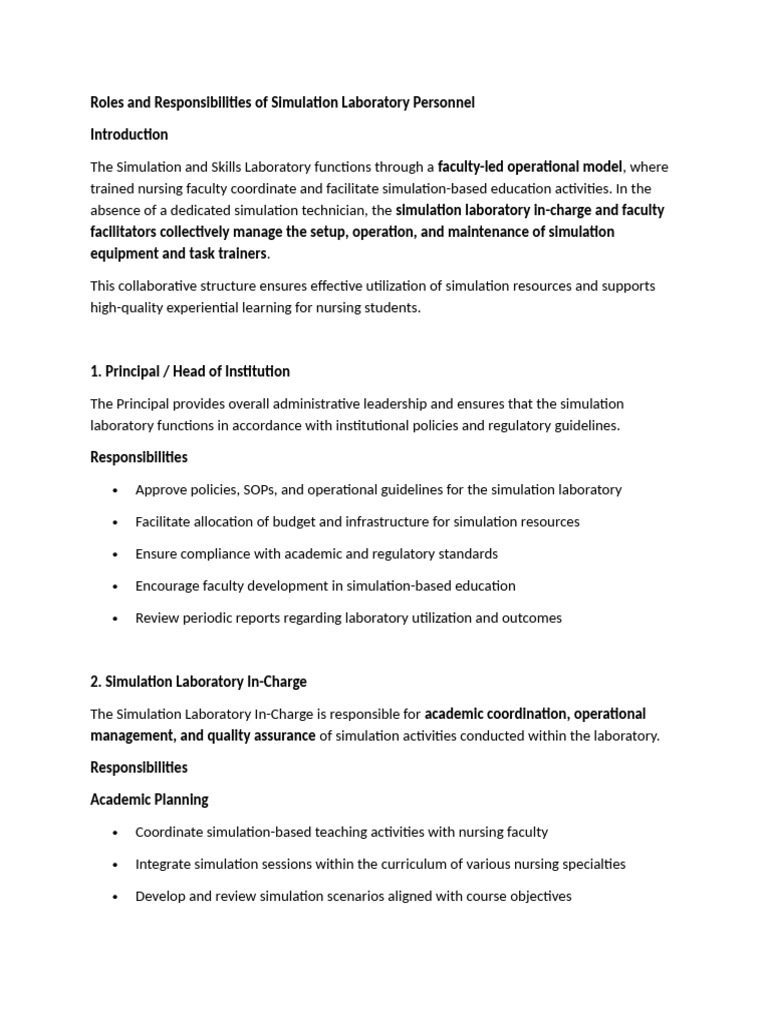 Roles and Responsibilities of Simulation Laboratory Personnel | PDF ...