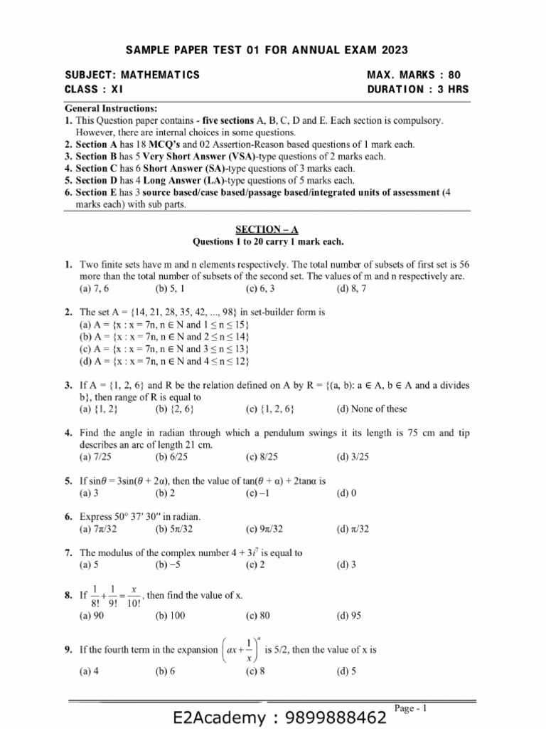 11th Maths MT 1 | PDF