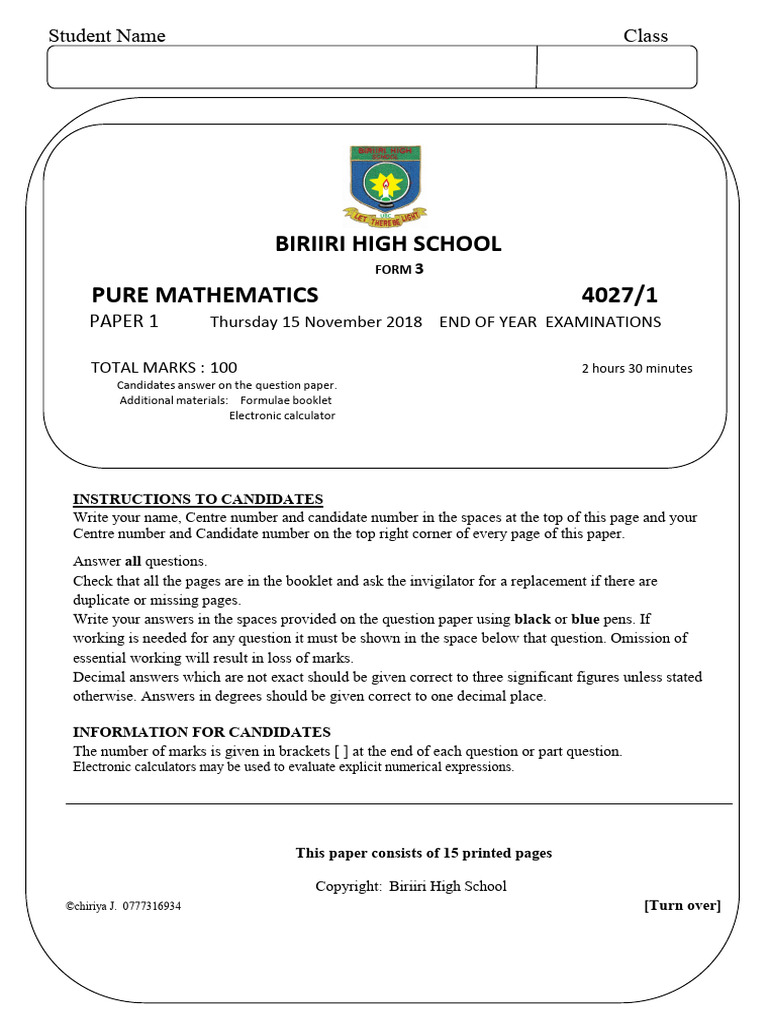 Pure Mathematics Form 3 End of Year Exam 2018 - Biriiri High | PDF ...