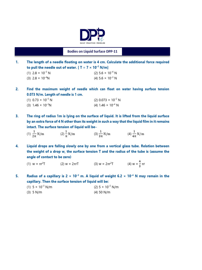 DPP Surface Tension Fluid Part 2 (1) | PDF | Surface Tension | Applied ...
