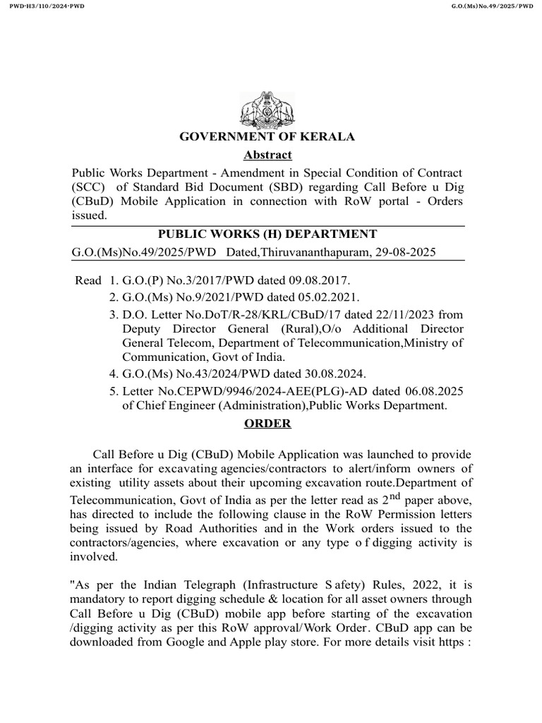Call Before U Dig PWD Order SBD Aug 2025 | PDF