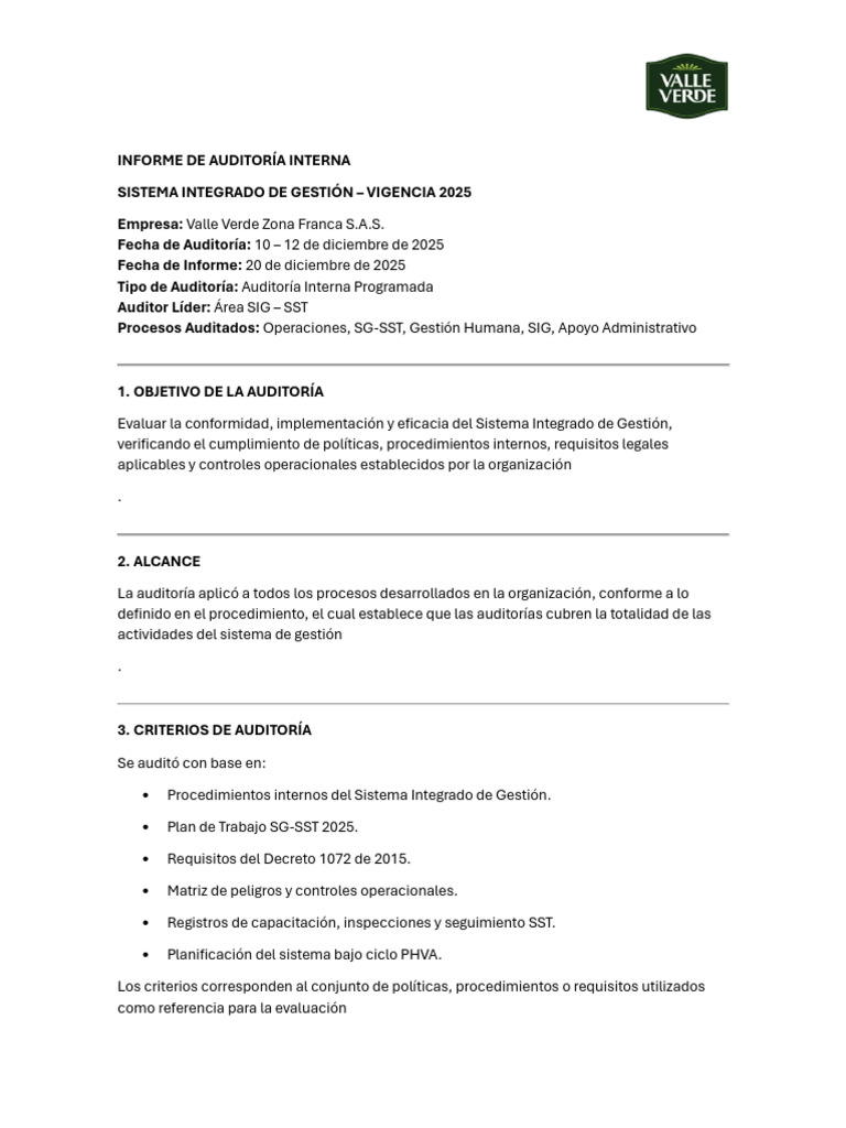 Informe de Auditoría Interna 2025 | PDF | Auditoría | Business