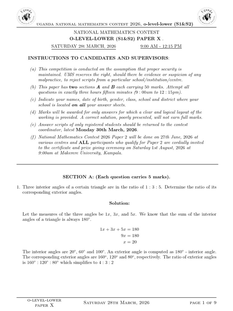 O Level Lower (S1 S2) Sample Paper 2026 | PDF | Multiplication | Area
