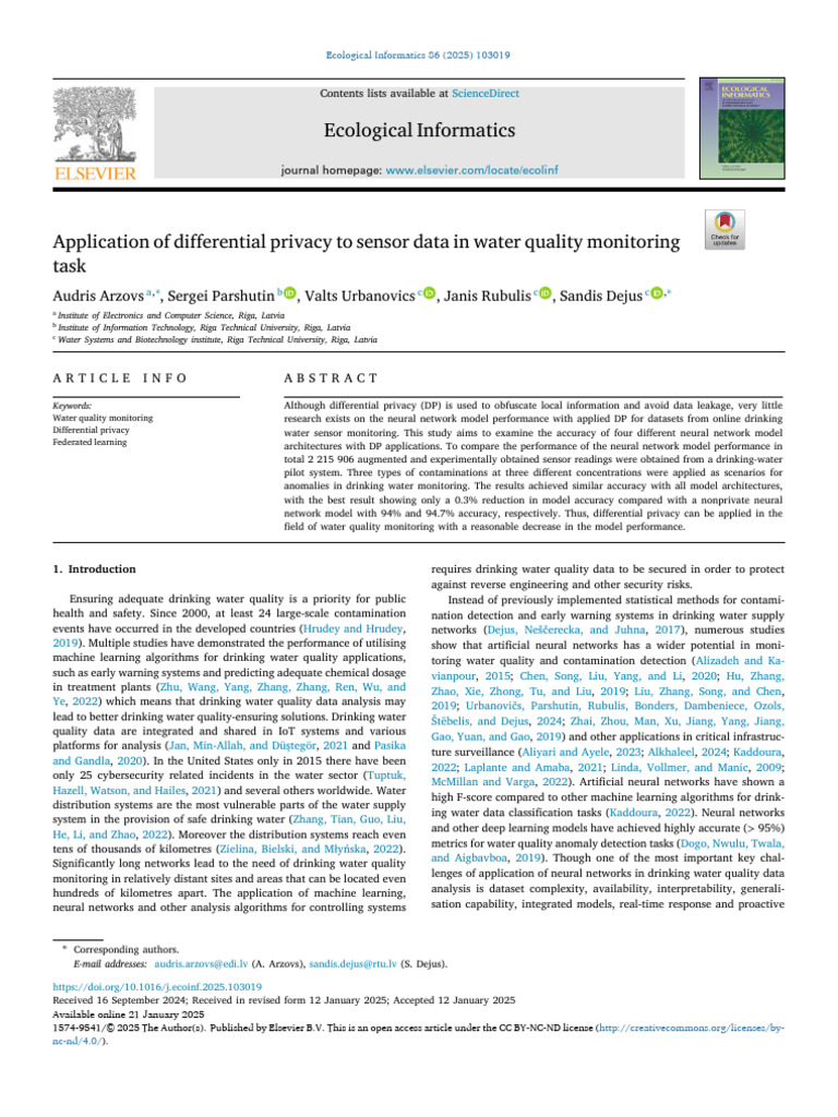 Application of Differential Privacy to Sensor Data in Water Quality ...