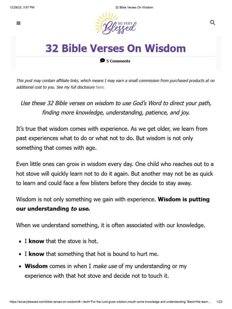 32 Bible Verses On Wisdom | PDF | Book Of Proverbs | Wisdom