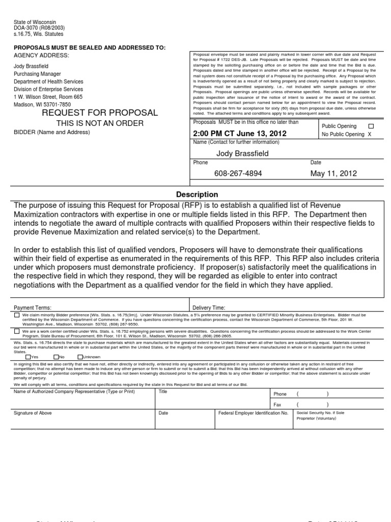 WI Dept of Health Services Request For Proposals, Revenue Maximization ...