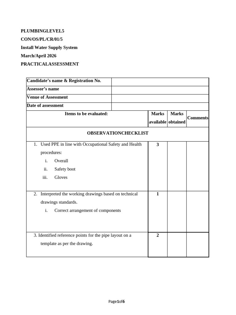 Observation Checklist Install Water Supply Systems | PDF | Pipe (Fluid ...