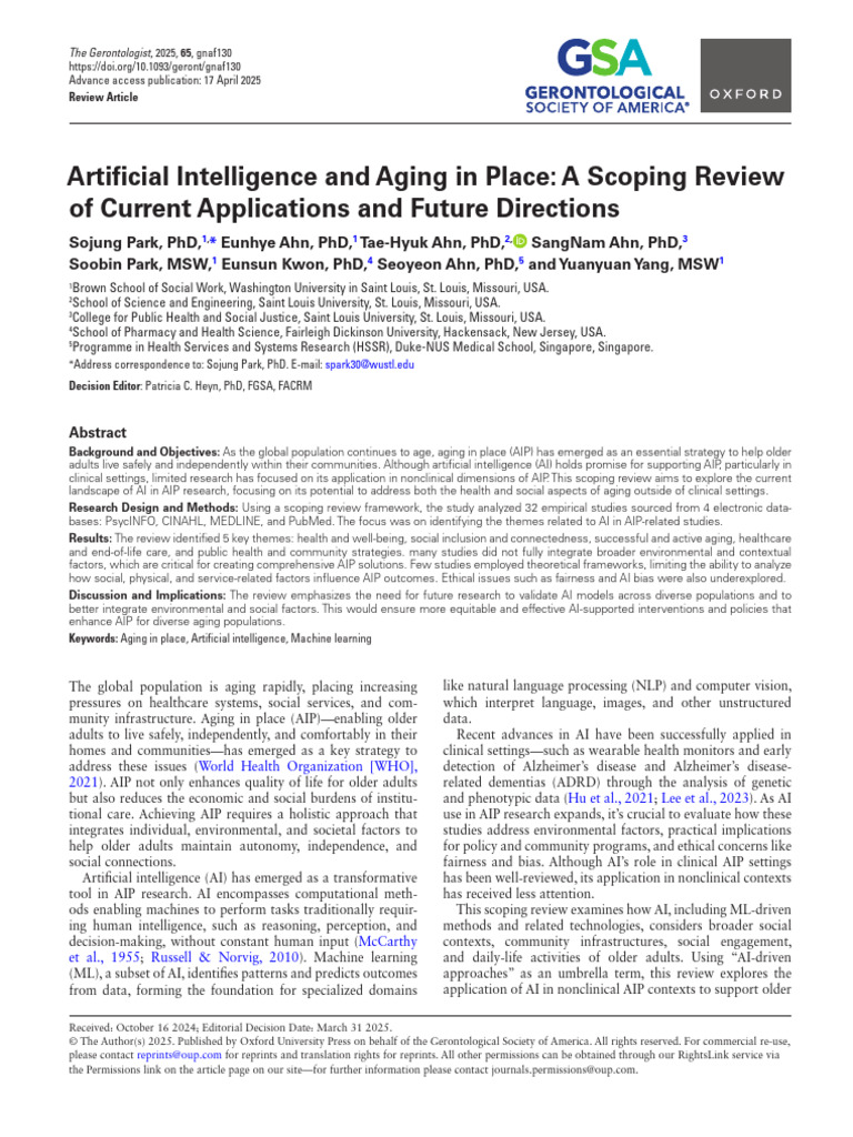 Artificial Intelligence and Aging in Place - A Scoping Review of ...
