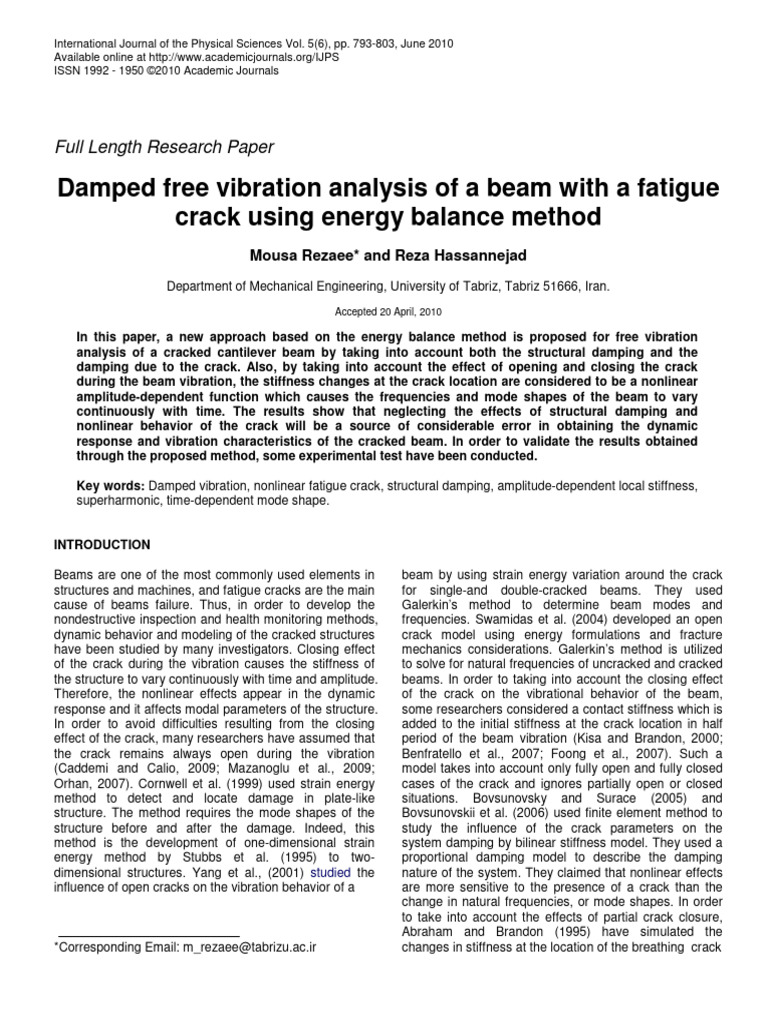 Damped Free Vibration Analysis of A Beam With A Fa | PDF | Damping ...