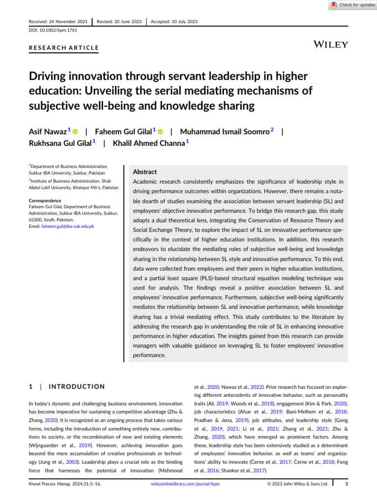 Knowl Process Manag - 2023 - Nawaz - Driving innovation through servant ...