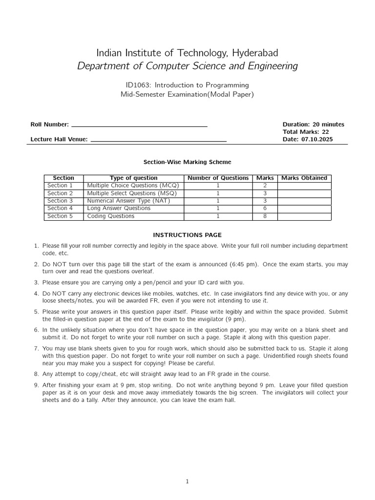 Itp Mid Sem Modal Question Paper | PDF | Integer (Computer Science ...
