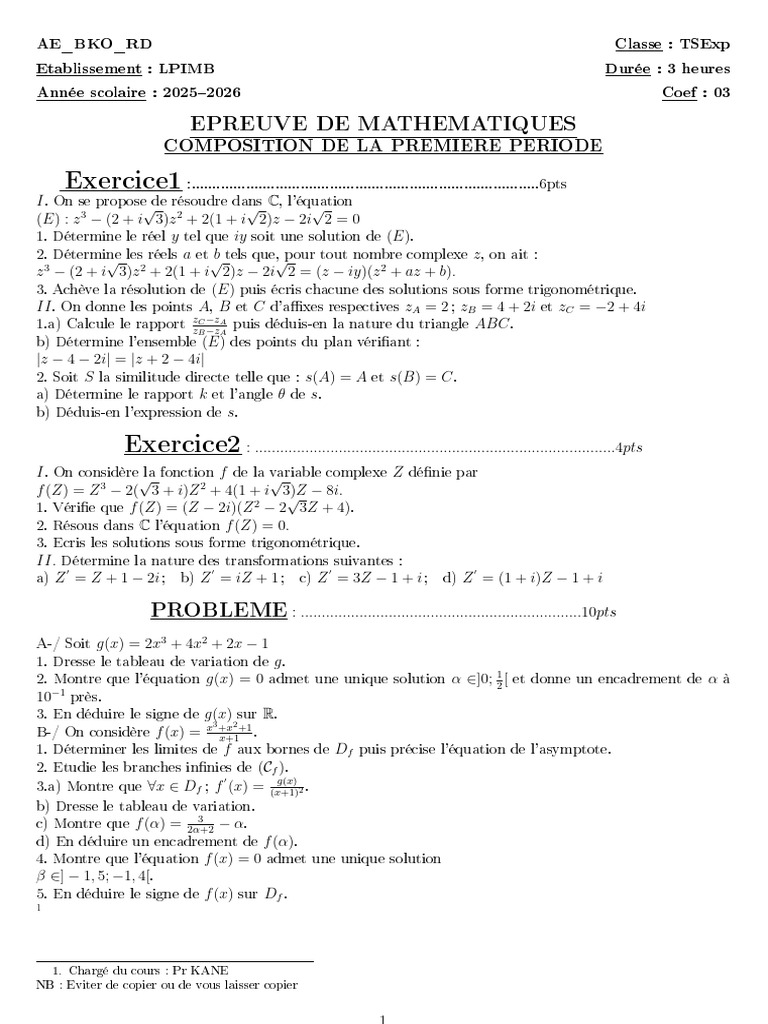 Comp1 Math Lpimb 2025-2026 | PDF | Mathématiques | Analyse mathématique