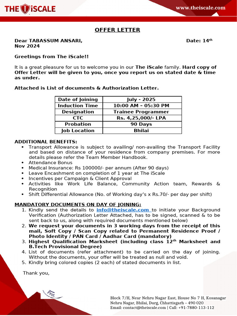 The Iscale Offer Letter | PDF | Access Control