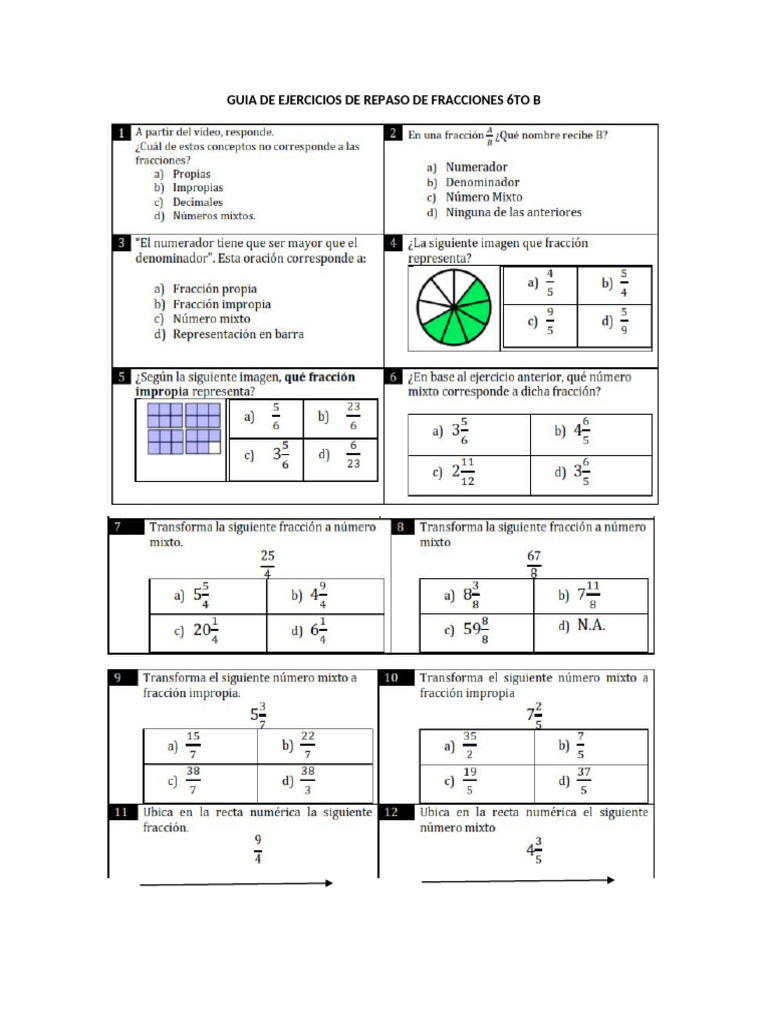 Guia de Ejercicios de Repaso de Fracciones 6to B | PDF
