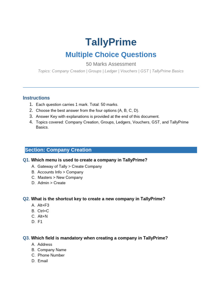 TallyPrime MCQ 50 Questions | PDF | Debits And Credits | Accounting