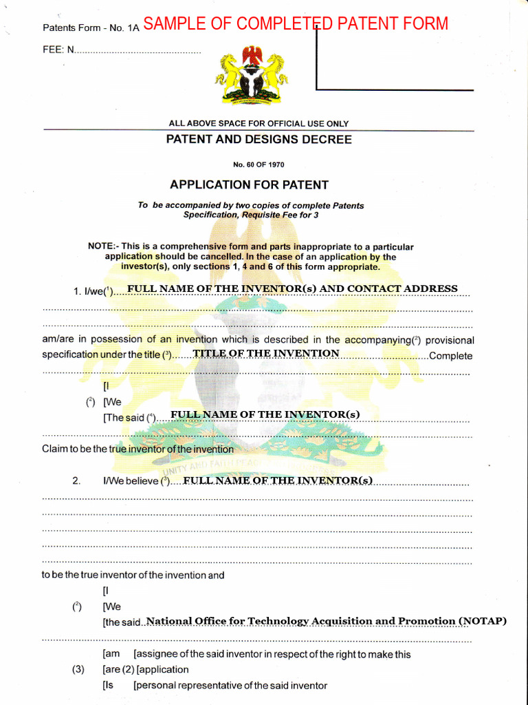 Individual Sample of Completely Filled Patent Application Form | PDF ...