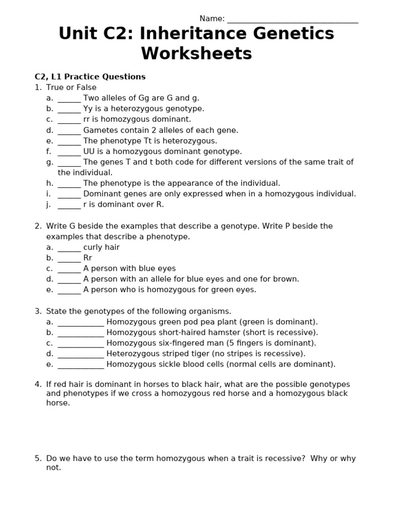 0 Inheritance Genetics Worksheets ONLY | PDF | Dominance (Genetics ...