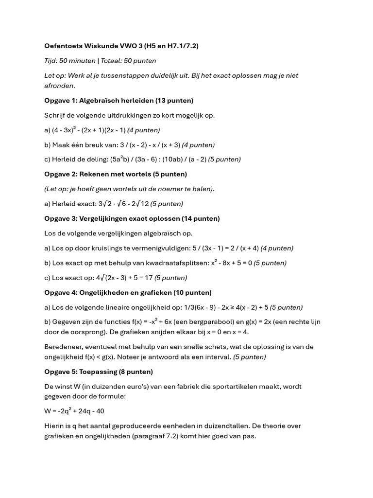 Oefentoets Wiskunde VWO 3 | PDF