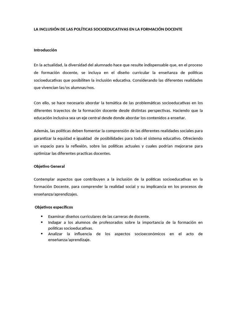 La Inclusión de Las Políticas Socioeducativas en La Formación Docente | PDF