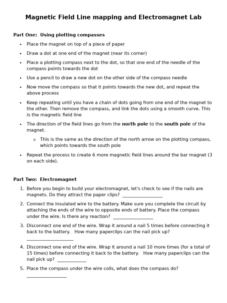 Magnetic Field Line Mapping and Electromagnet Lab | PDF | Compass ...