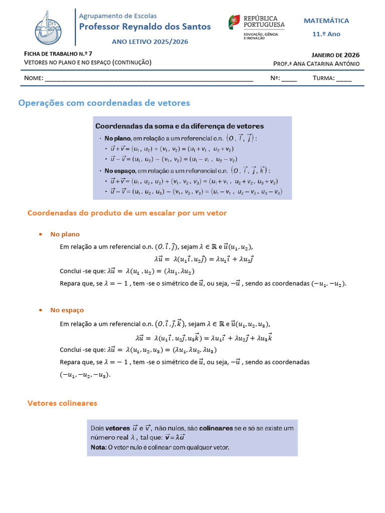 7 - Ficha de Trabalho Nº7 - Vetores 10º | PDF | Vetor euclidiano ...