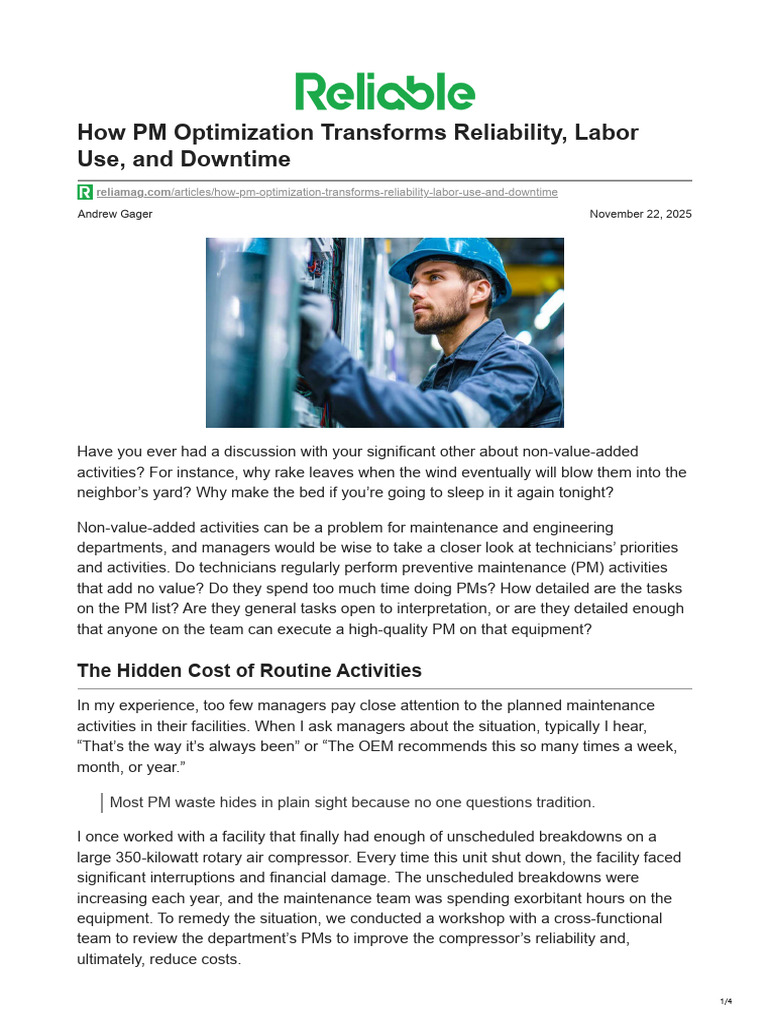 How PM Optimization Transforms Reliability Labor Use and Downtime | PDF ...