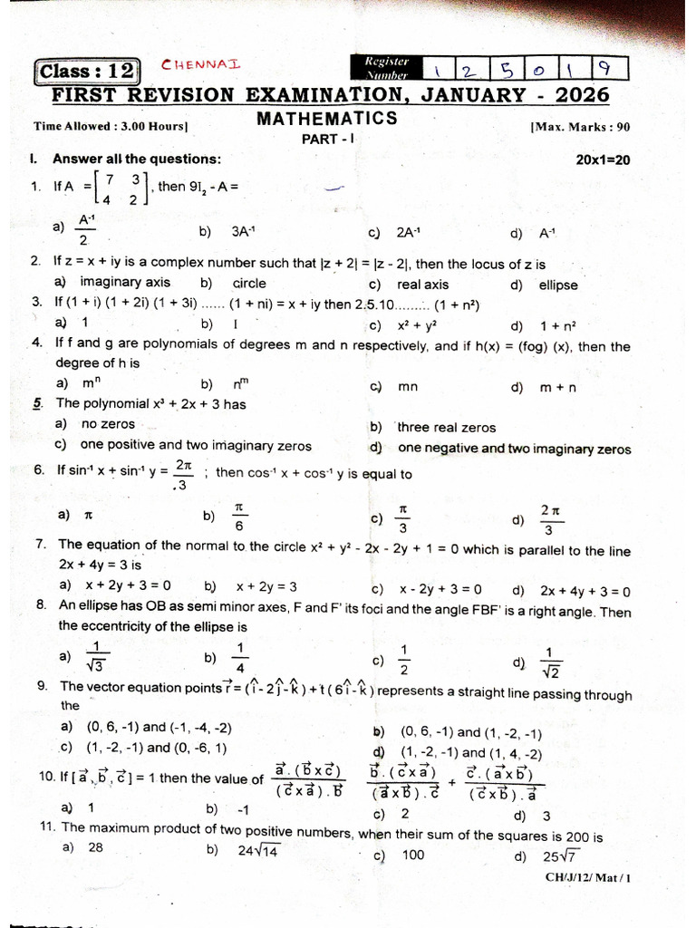 Xii Maths First Revision QP 2026 CHN | PDF
