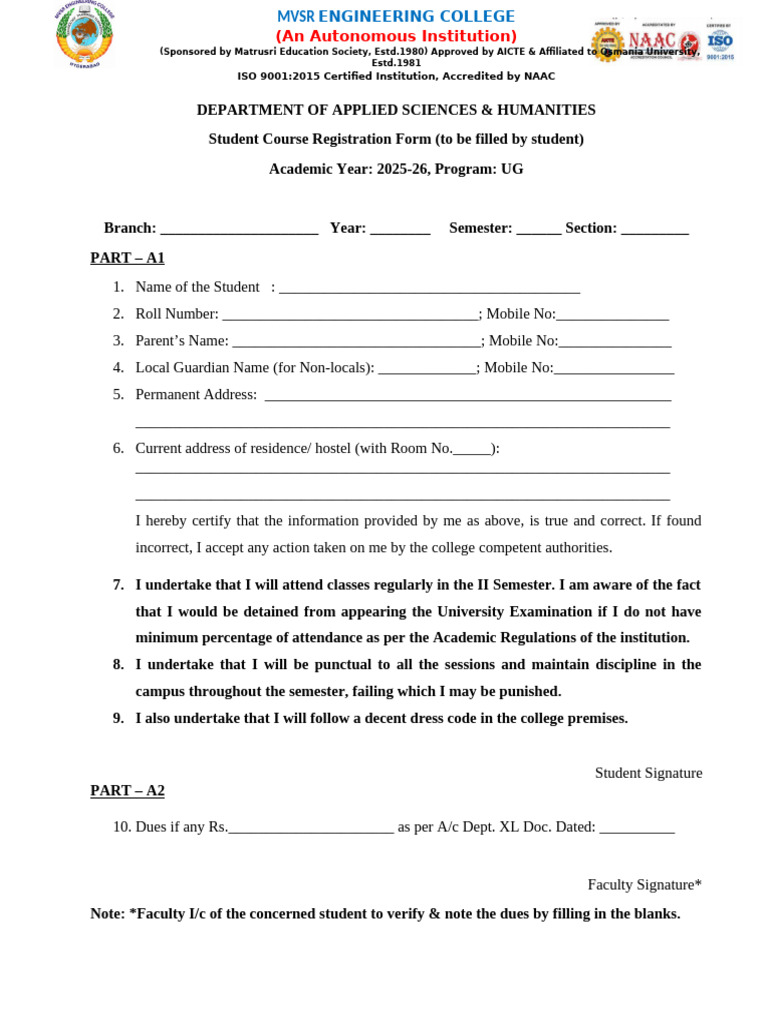 Group B ASH Student Course Registration Form | PDF