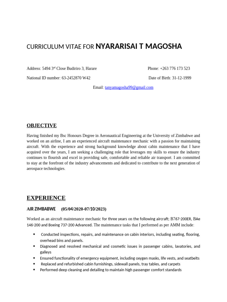 Mr. NT Magosha Cabin Mechanic CV | PDF | Airliner | Aircraft