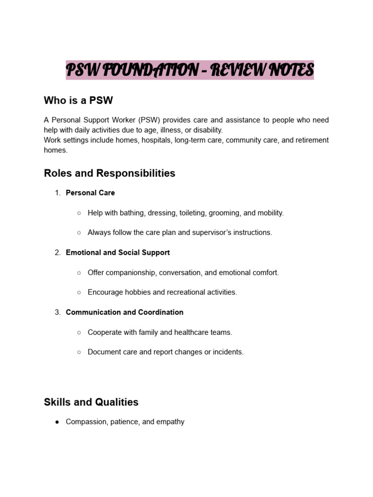 PSW Foundation - Review Notes | PDF | Palliative Care | Health Care