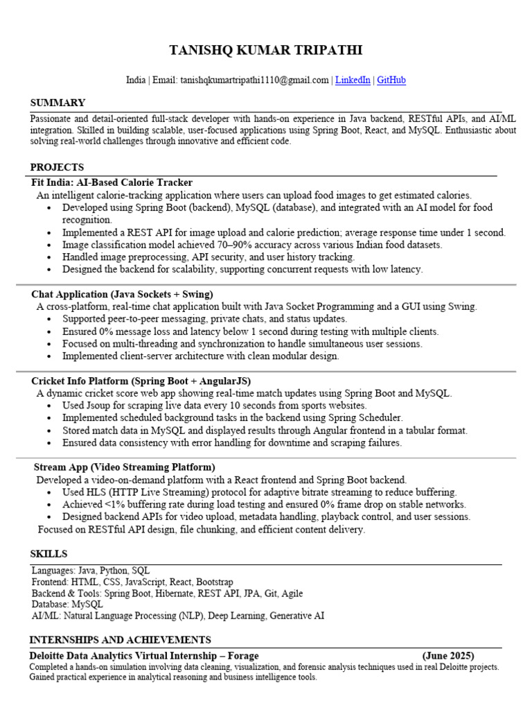Tanishq Kumar Tripathi Resume | PDF | My Sql | Java (Programming Language)