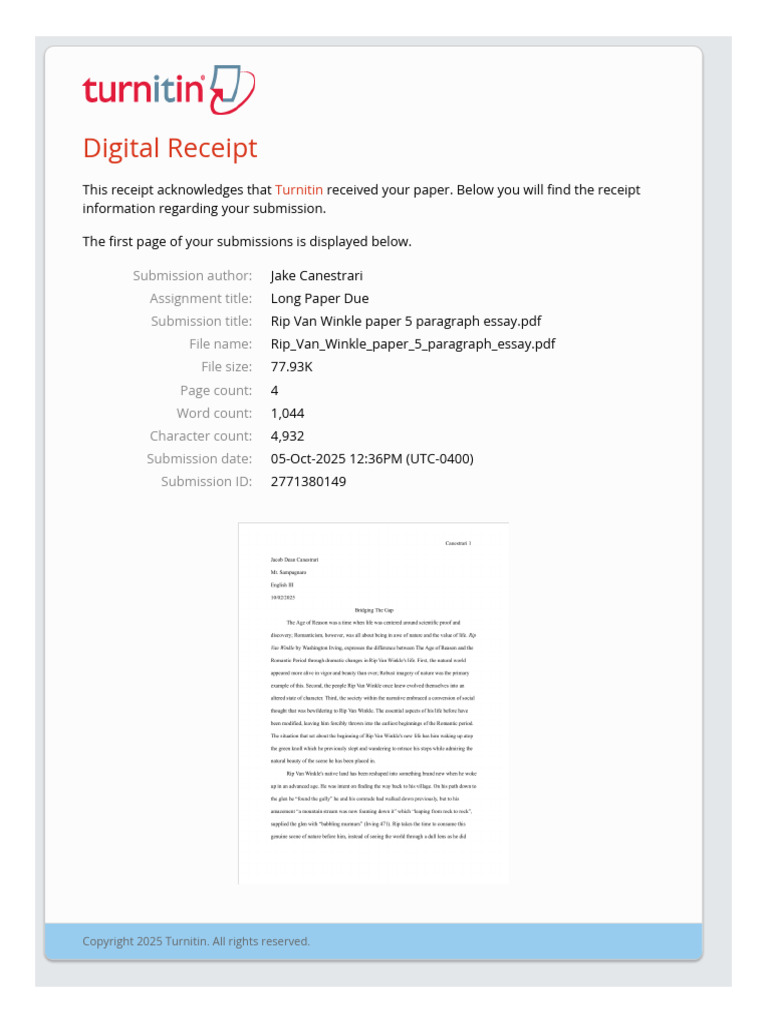 Receipt - Rip Van Winkle Paper 5 Paragraph Essay PDF | PDF