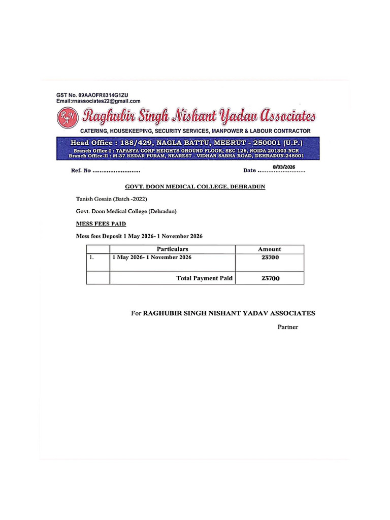 Mess Fees Receipt..Tanish PDF | PDF