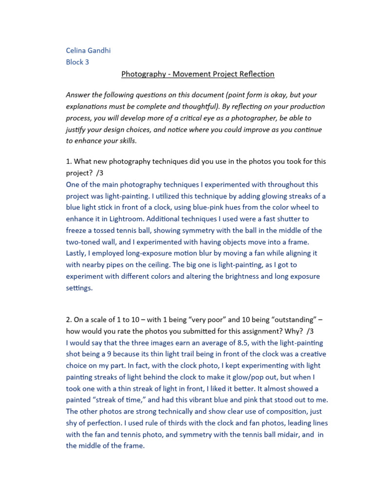 Movement Project Reflection | PDF | Artistic Techniques | Light