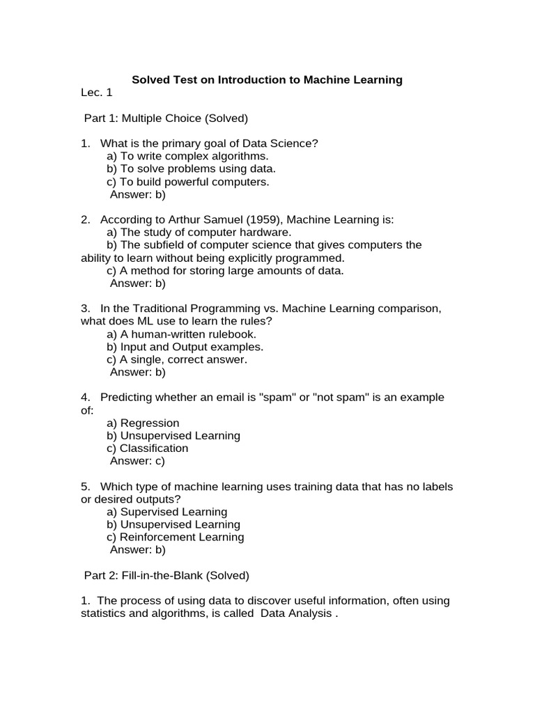 Solved Test on Introduction to Machine Learning 1 to 4 | PDF | Machine ...