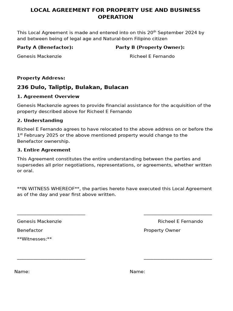 Local Agreement for Property Use and Business Operation | PDF