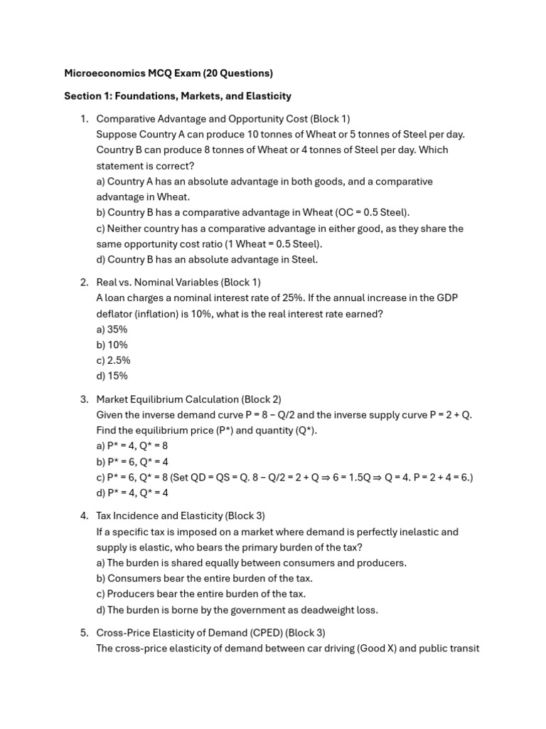 Microeconomics MCQ Exam | PDF | Average Cost | Labour Economics