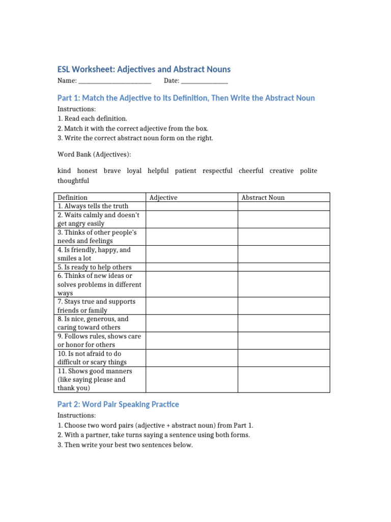 Adjectives AbstractNouns Worksheet | PDF