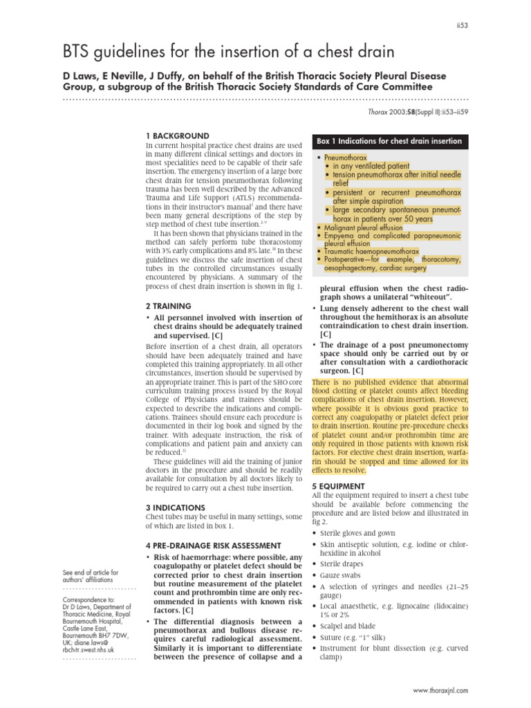 BTS Guidelines For The Insertion of A Chest Drain | PDF | Thorax ...