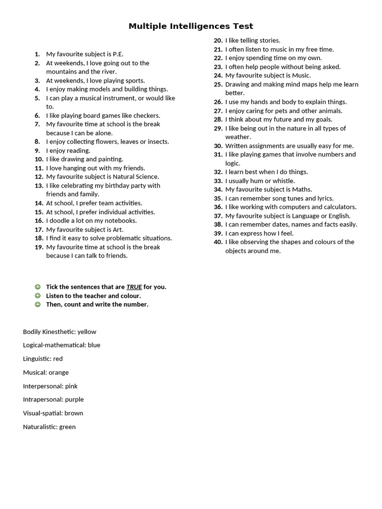 Multiple Intelligences Test KIDS | PDF | Cognitive Science | Cognition