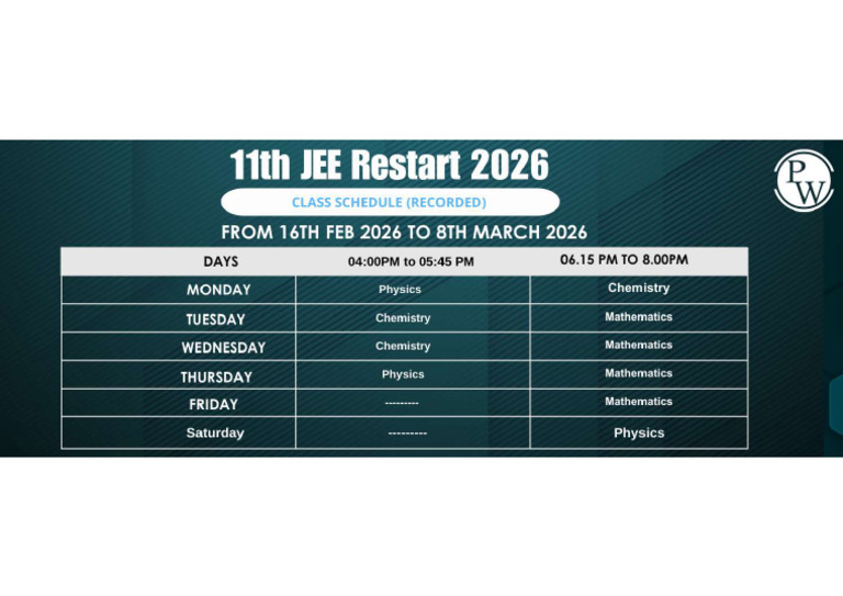 11th JEE Restart 2026 - Class Schedule | PDF