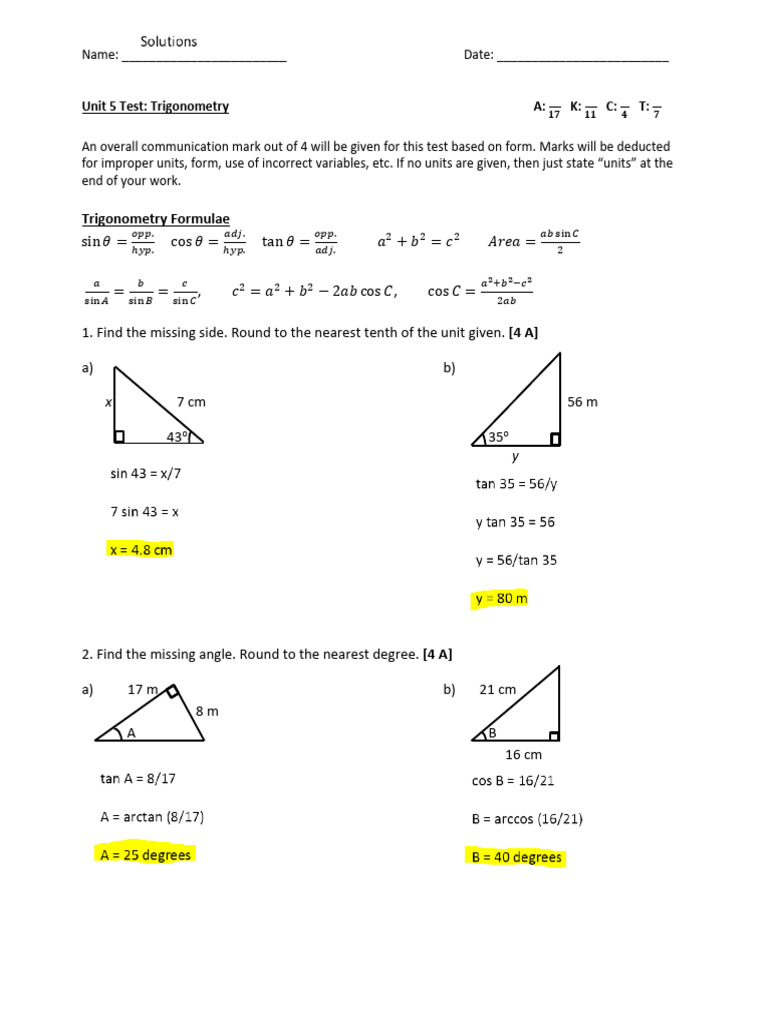 Unit Test 5 - Trigonometry Solutions | PDF | Area | Trigonometry