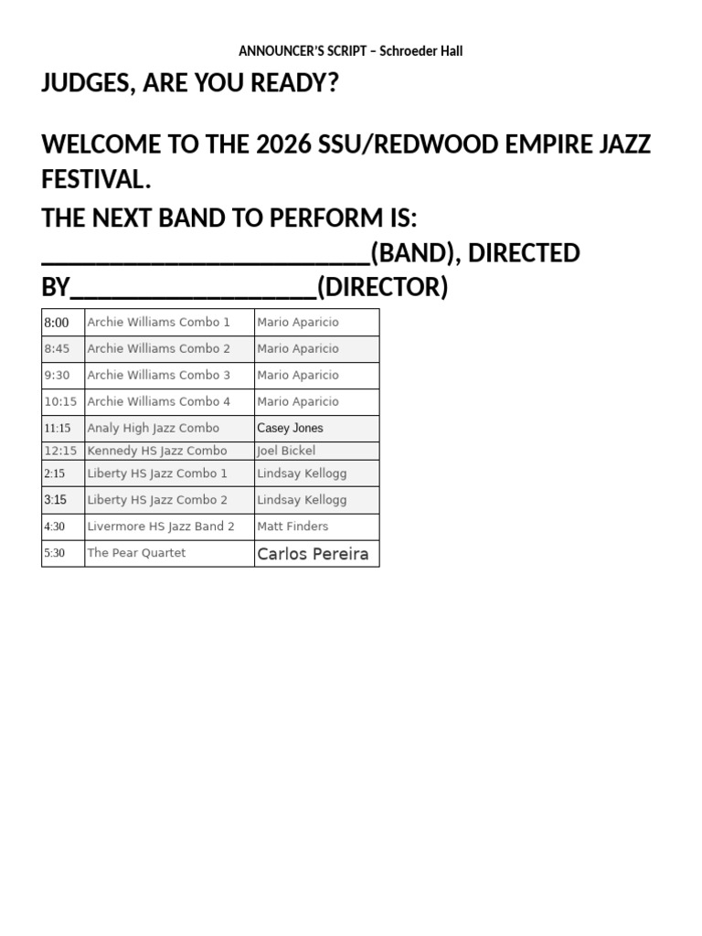 Announcer Script Schroeder 2026 | PDF