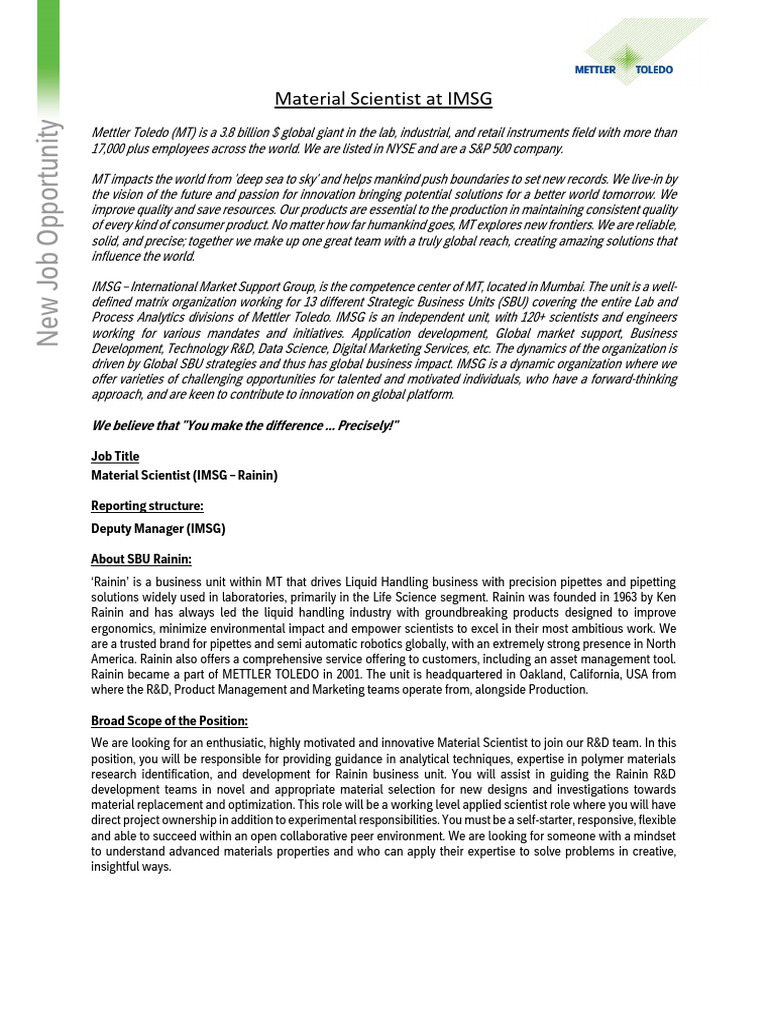 JD - Rainin R&D_Material Scientist 2 | PDF