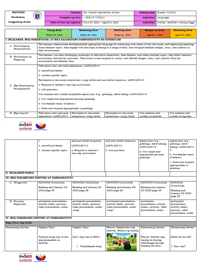 G1 Q1 DLL Week 1 Language | PDF