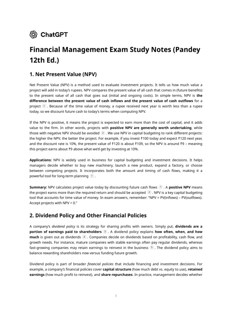 Financial Management Exam Study Notes (Pandey 12th Ed.) | PDF ...